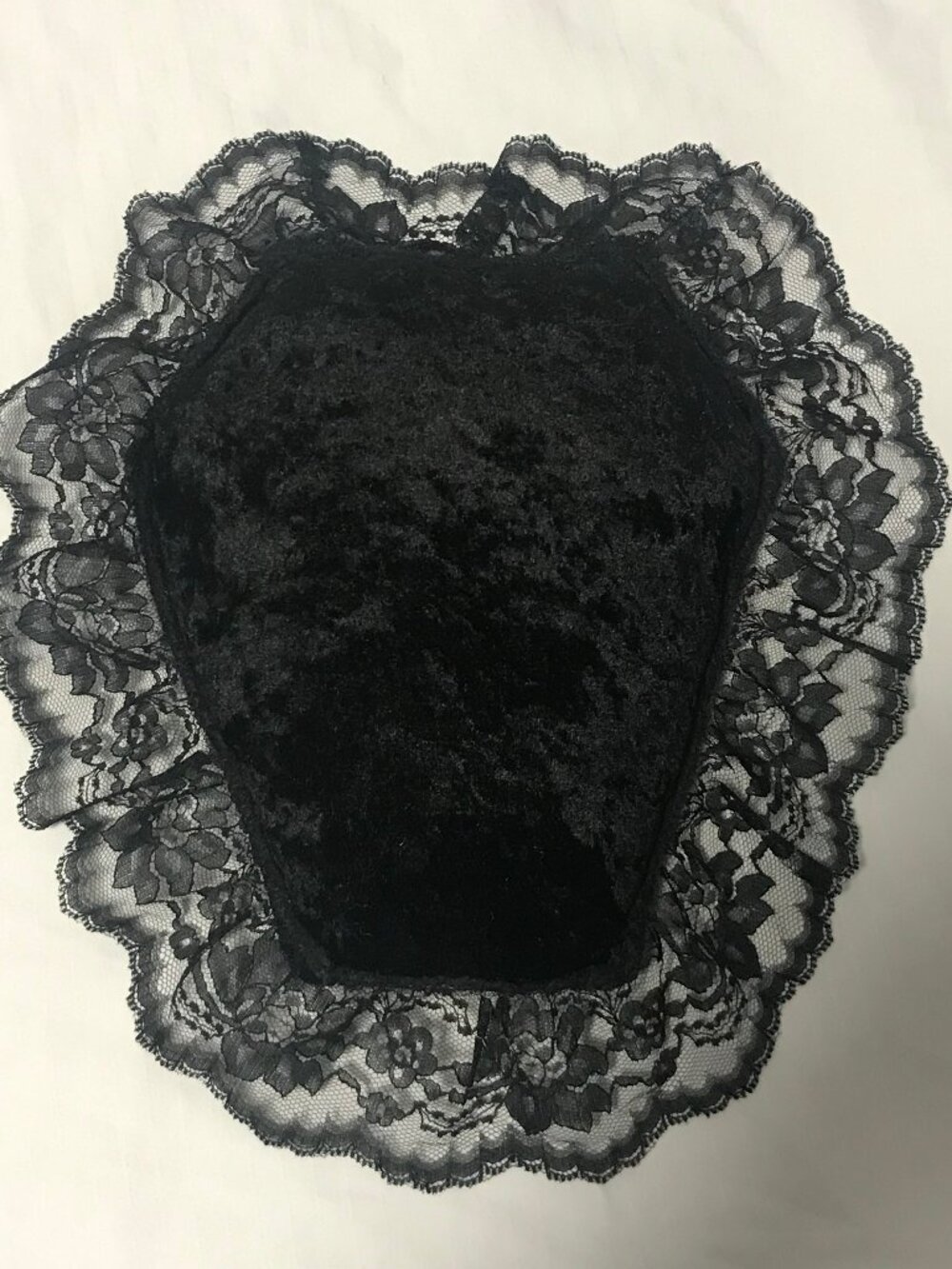 Victorian Goth Black Velvet & Lace Coffin Shaped Small Cushion Pillow Handmade